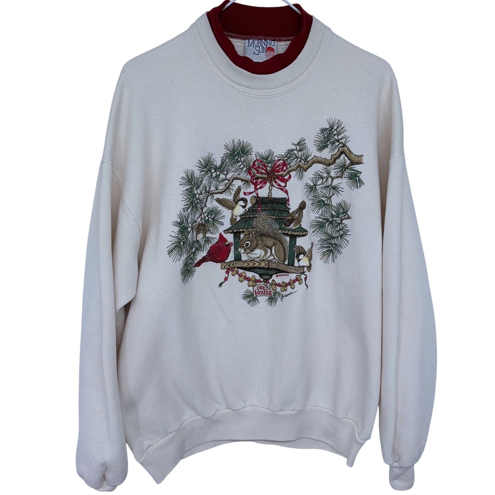 Vintage 90s Squirrel in Birdhouse Graphic Sweatshirt XL Morning Sun Birds Nature